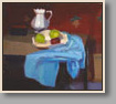 PITCHER, WOOD BOX AND APPLES   2001-09  oil/board  11"x12½"
